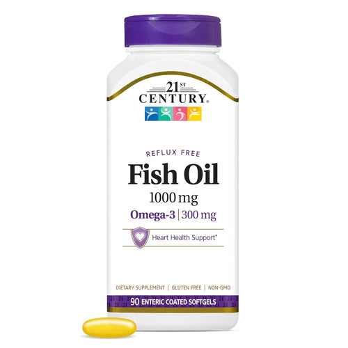 21st Century Fish Oil 1000 mg Omega-3 300 mg Enteric Coated Softgels Reflux Free 90 EA
