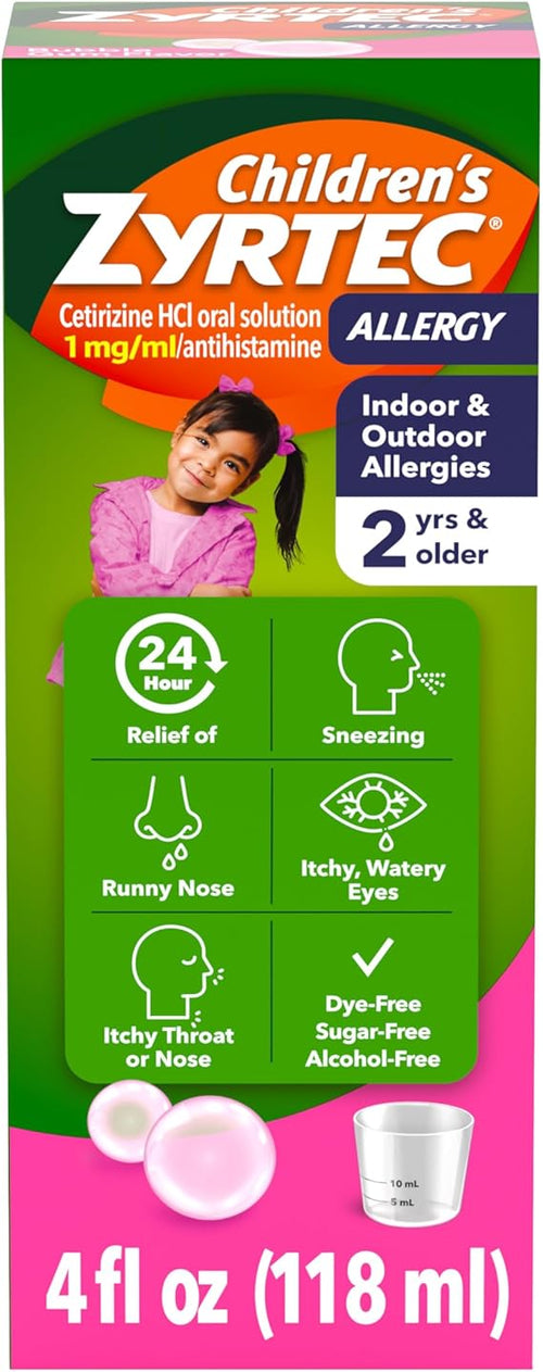 Zyrtec Children'S Allergy Cetirizine Hci 1 Mg/Ml 24 Hour Dye Free, Sugar Free Bubble Gum Syrup 4 Oz
