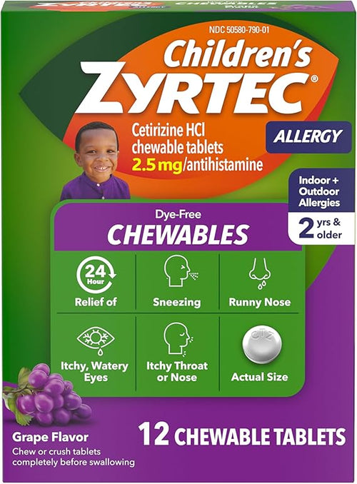 Zyrtec Children'S Allergy Cetirizine Hci 2.5 Mg Dye-Free Chewable Tablets Grape 12 Ea