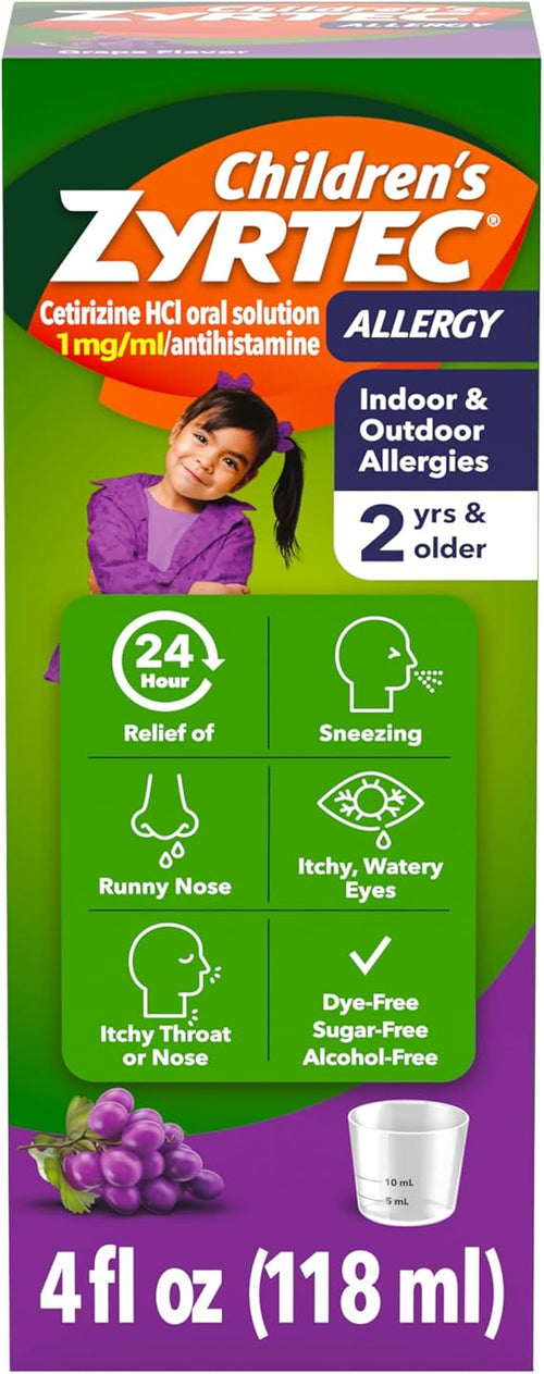 Zyrtec Children'S Allergy Cetirizine Hci 1 Mg/Ml 24 Hour Dye Free, Sugar Free Grape Syrup 4 Oz