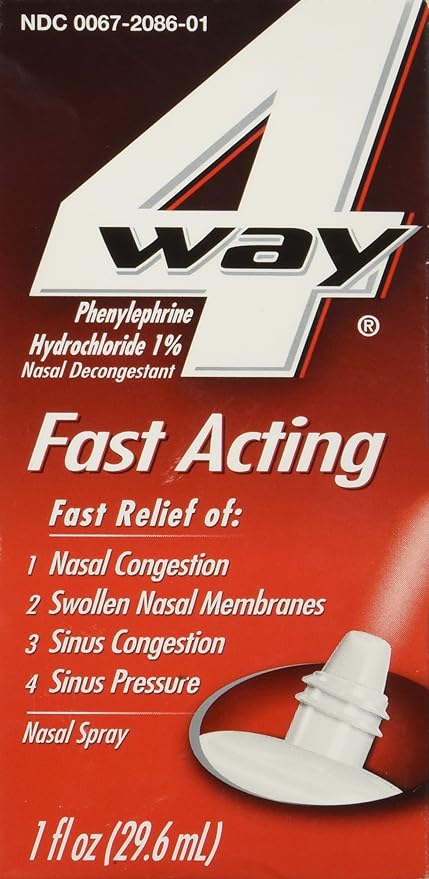 4-Way Phenylephrine Hydrochloride 1% Nasal Decongestant Spray Fast Acting 1 Oz