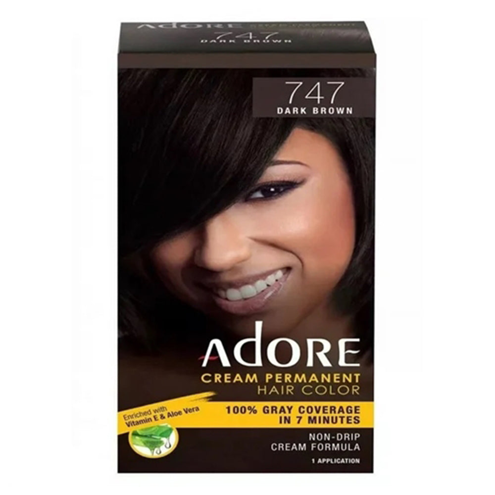 Adore Creme Permanent Hair Color 747 Dark Brown Hair Care Formula 4 Ea